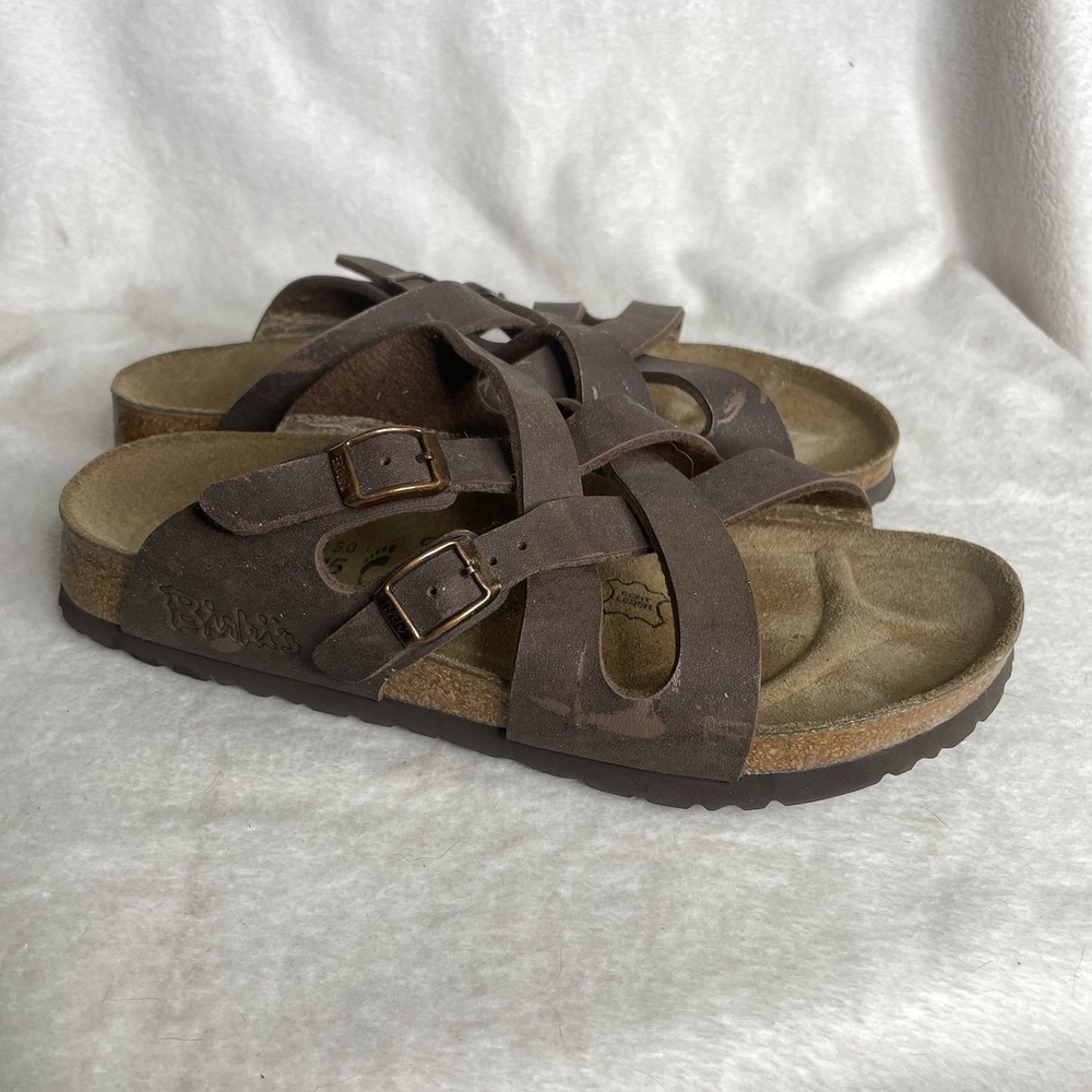 Birki's Birkenstock Sandals 38 US 7 Narrow Mocha Calais Two Crisscross Strap